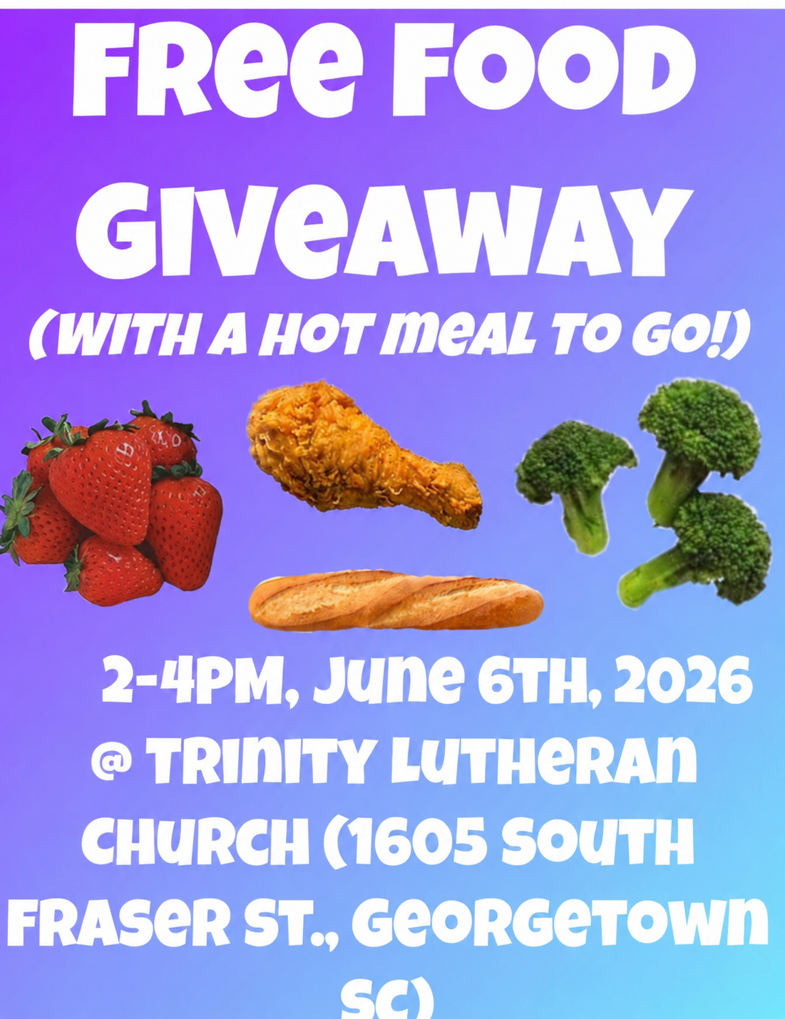 Flyer for a Trinity Lutheran Church free food giveaway with a hot meal to go.